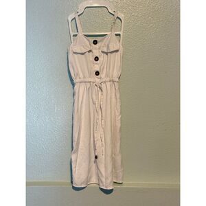Blush White Midi Girls Dress Sundress Sleeveless Drawstring Button Up Casual Sm.